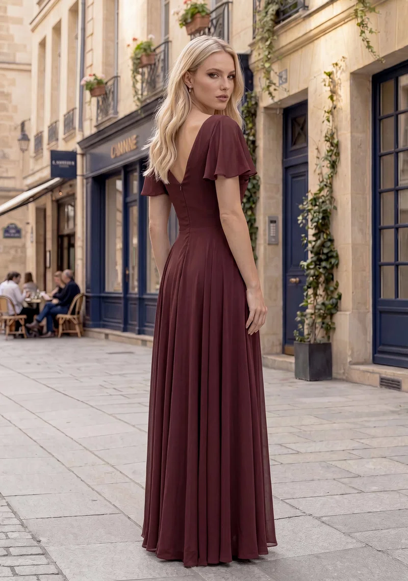 Elegantes bordeauxfarbenes Festkleid mit V-Ausschnitt, Flügelärmeln, drapierter Taille, Perlen- und Glitzerdetails – Festmode bei Brautfashion in Sins
