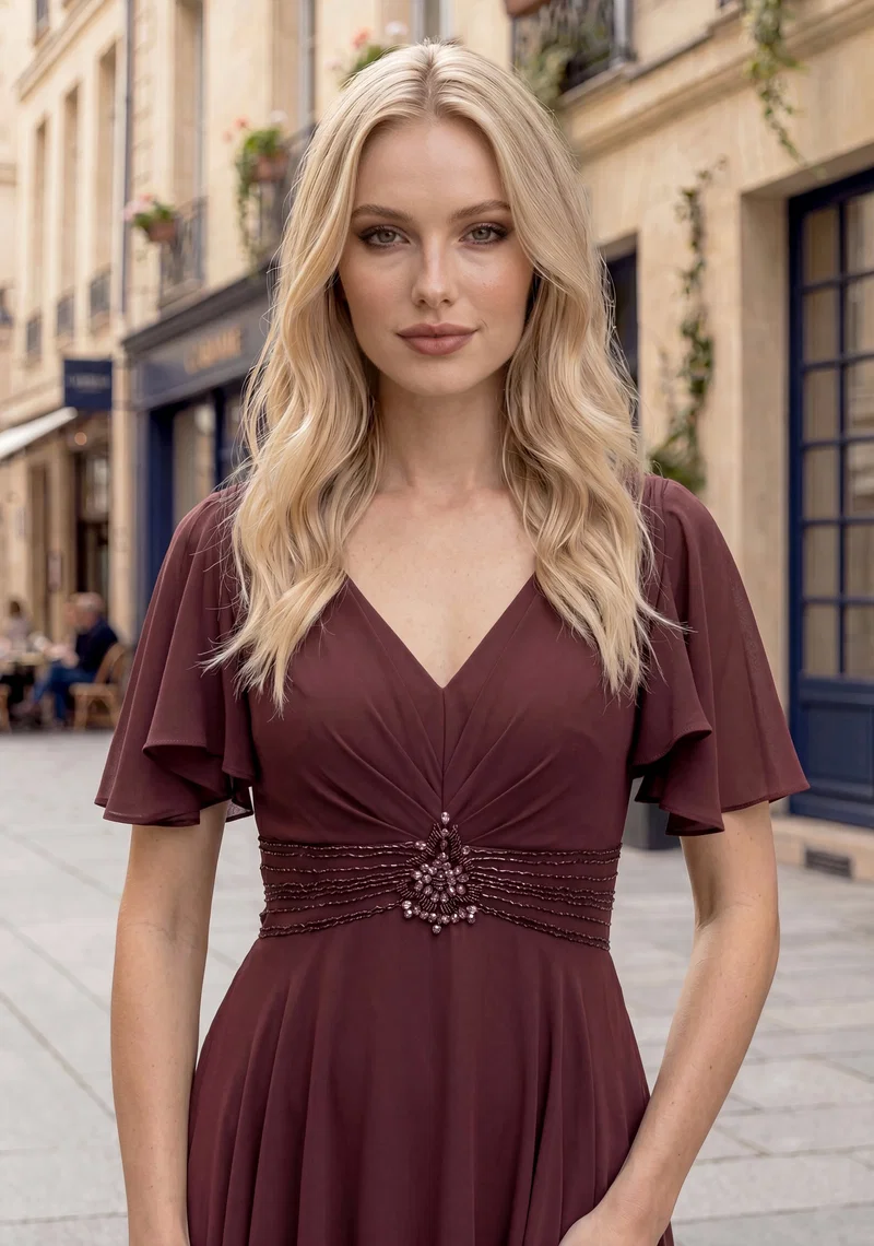 Elegantes bordeauxfarbenes Festkleid mit V-Ausschnitt, Flügelärmeln, drapierter Taille, Perlen- und Glitzerdetails – Festmode bei Brautfashion in Sins